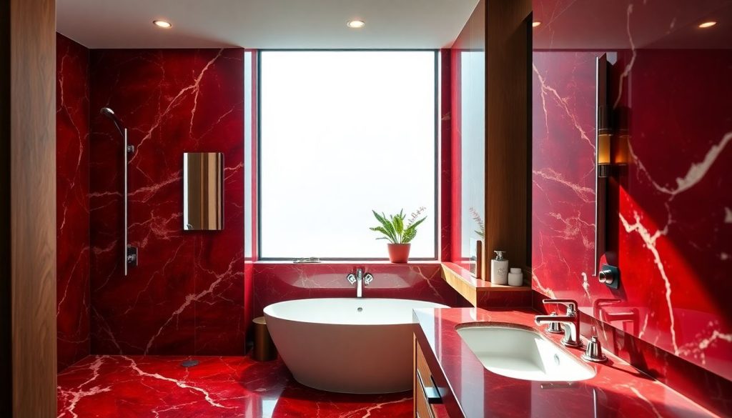 Salle de bain marbre rouge, bois, chrome : la tendance Pinterest 2026 qui divise