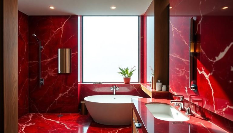 Salle de bain marbre rouge, bois, chrome : la tendance Pinterest 2026 qui divise